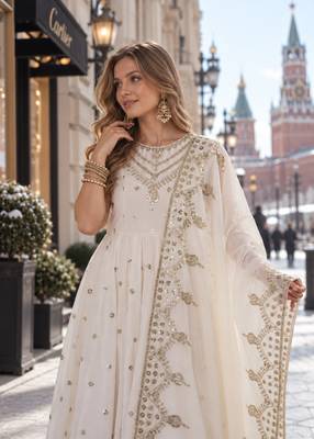 white silk blend readymade anarkali suit with embroidery & sequence work 4