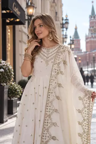 white silk blend readymade anarkali suit with embroidery & sequence work