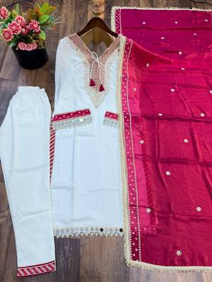 White heavy embroidered kurti pant set with contrast rani pink silk dupatta 4