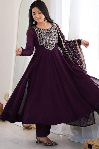 Women's wine embroidered flared anarkali suit set