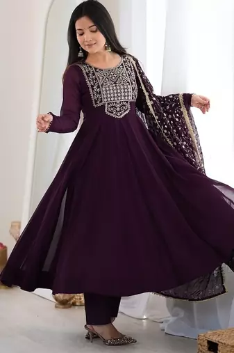 Women's wine embroidered flared anarkali suit set