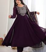 Women's wine embroidered flared anarkali suit set