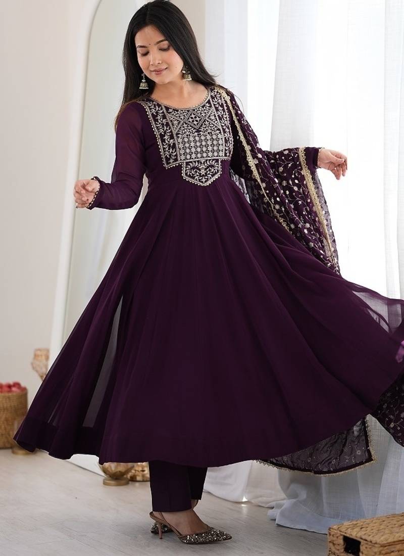 Women's wine embroidered flared anarkali suit set
