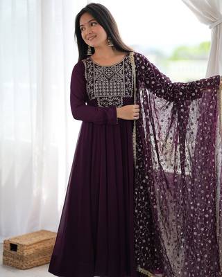 Women's wine embroidered flared anarkali suit set 2