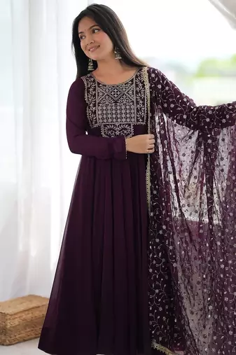Women's wine embroidered flared anarkali suit set