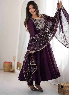 Women's wine embroidered flared anarkali suit set 3