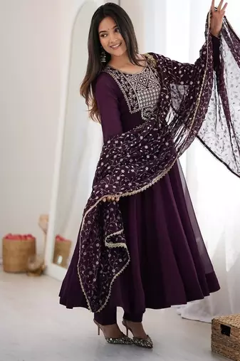 Women's wine embroidered flared anarkali suit set