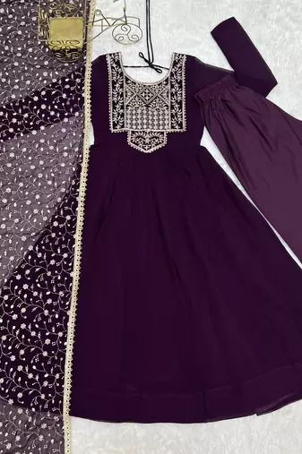 Women's wine embroidered flared anarkali suit set