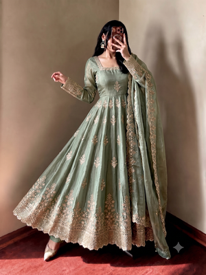 Sage green embroidered anarkali kurta set with pant and cutwork dupatta for women 1