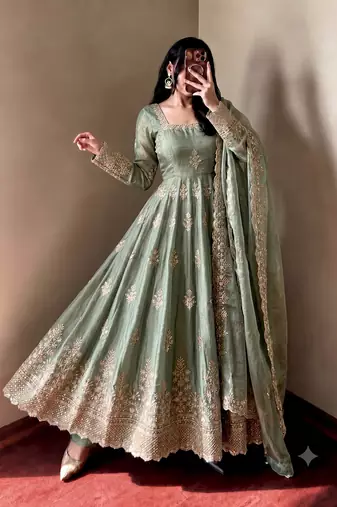Sage green embroidered anarkali kurta set with pant and cutwork dupatta for women