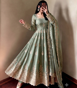Sage green embroidered anarkali kurta set with pant and cutwork dupatta for women
