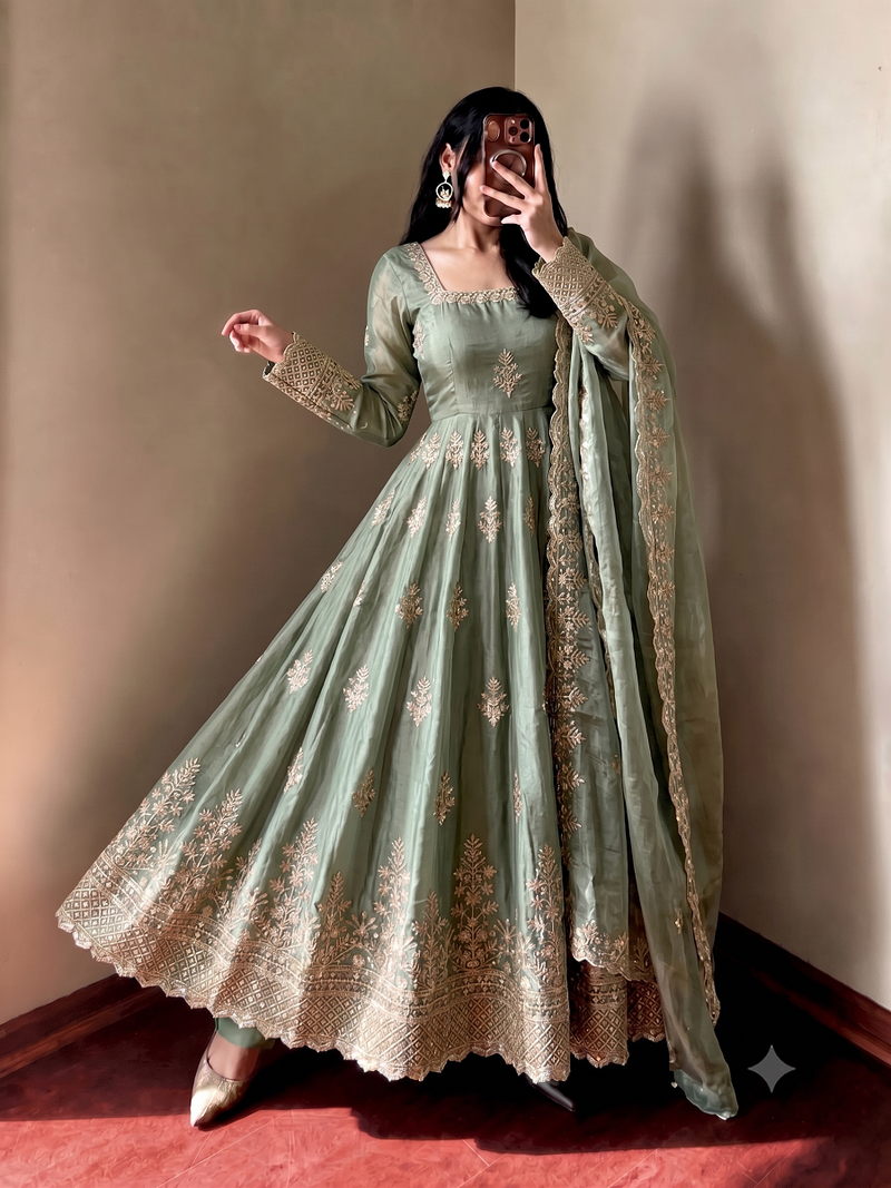 Sage green embroidered anarkali kurta set with pant and cutwork dupatta for women