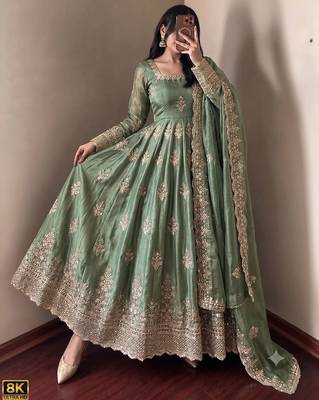 Sage green embroidered anarkali kurta set with pant and cutwork dupatta for women 2