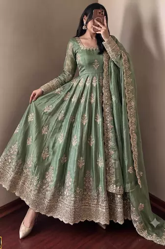 Sage green embroidered anarkali kurta set with pant and cutwork dupatta for women