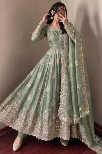 Sage green embroidered anarkali kurta set with pant and cutwork dupatta for women