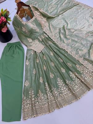 Sage green embroidered anarkali kurta set with pant and cutwork dupatta for women 4