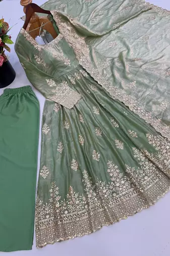 Sage green embroidered anarkali kurta set with pant and cutwork dupatta for women