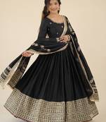 Black embroidered long flared anarkali kurta set with pant and dupatta
