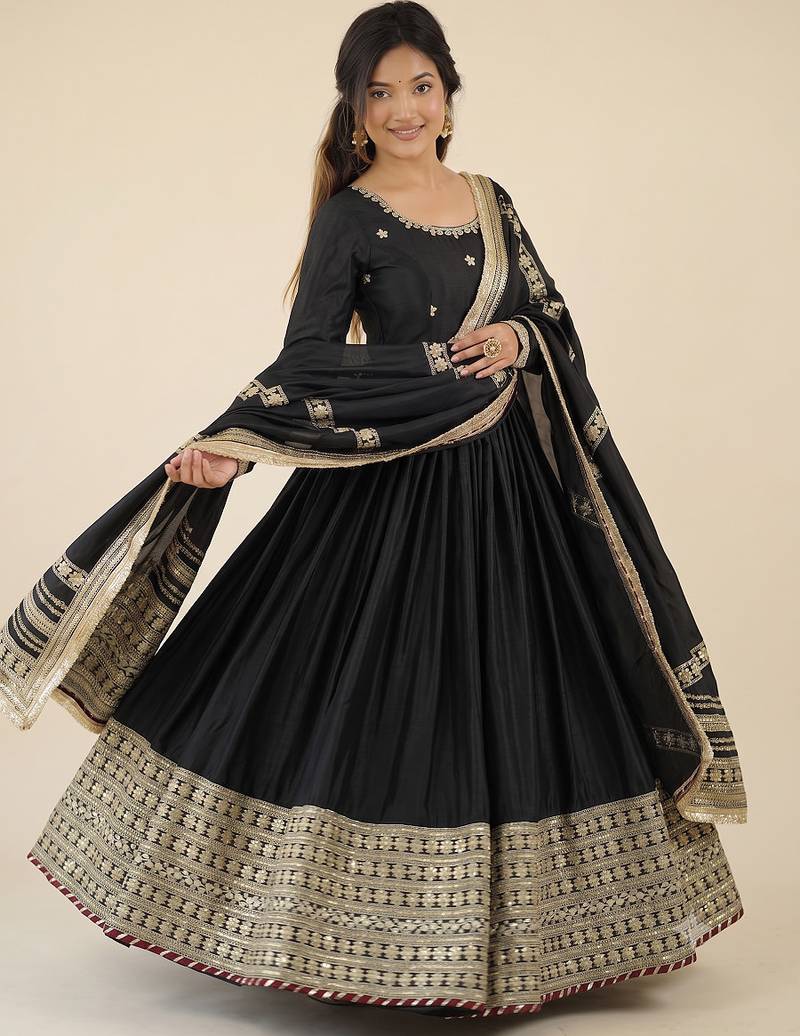 Black embroidered long flared anarkali kurta set with pant and dupatta