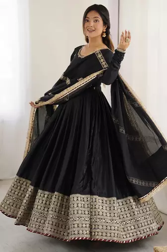 Black embroidered long flared anarkali kurta set with pant and dupatta