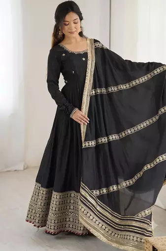Black embroidered long flared anarkali kurta set with pant and dupatta
