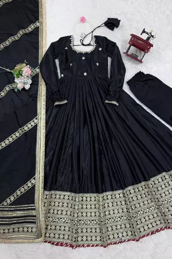 Black embroidered long flared anarkali kurta set with pant and dupatta