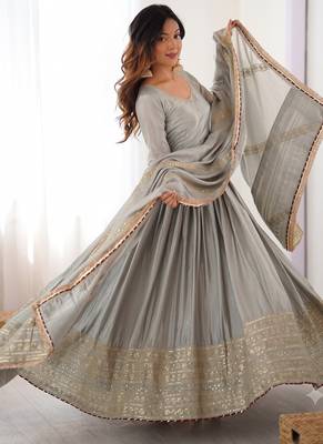Grey embroidered long flared anarkali kurta set with pant and dupatta 1