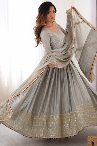 Grey embroidered long flared anarkali kurta set with pant and dupatta