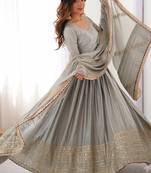 Grey embroidered long flared anarkali kurta set with pant and dupatta