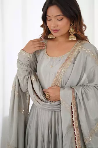 Grey embroidered long flared anarkali kurta set with pant and dupatta