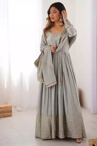 Grey embroidered long flared anarkali kurta set with pant and dupatta