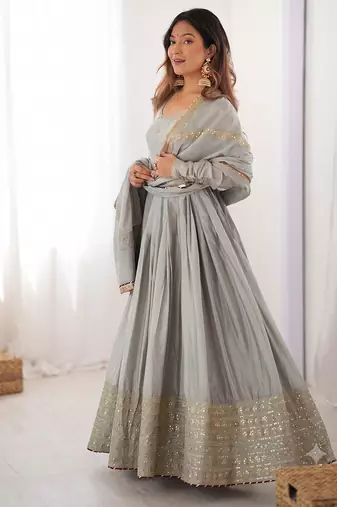 Grey embroidered long flared anarkali kurta set with pant and dupatta