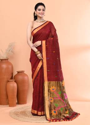 Maroon handmade office wear linen jamdani saree with running blouse 1