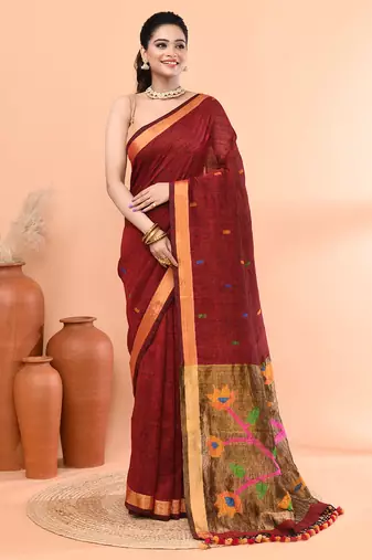 Maroon handmade office wear linen jamdani saree with running blouse