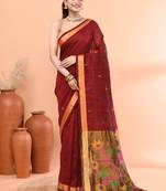 Maroon handmade office wear linen jamdani saree with running blouse