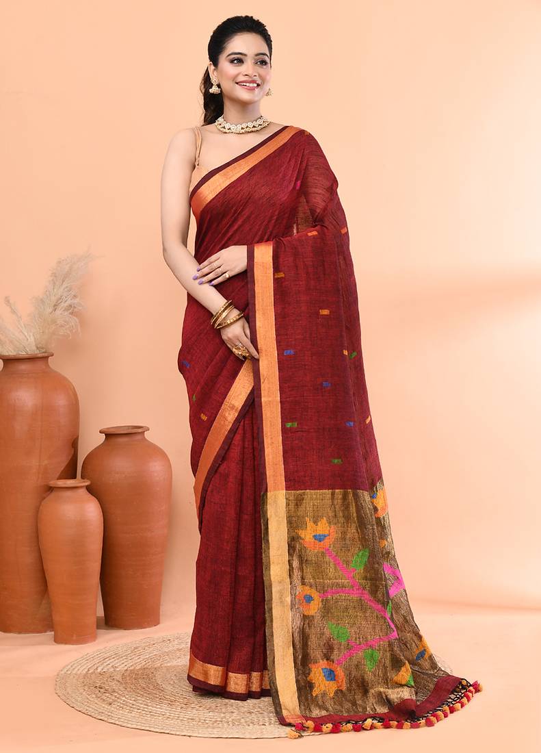Maroon handmade office wear linen jamdani saree with running blouse