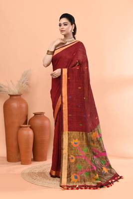 Maroon handmade office wear linen jamdani saree with running blouse 2