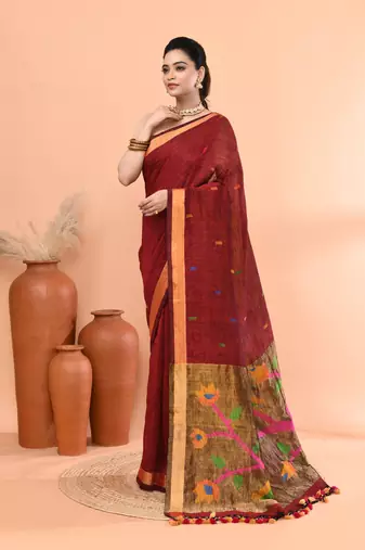 Maroon handmade office wear linen jamdani saree with running blouse