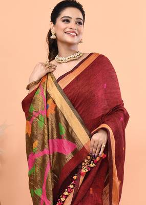Maroon handmade office wear linen jamdani saree with running blouse 3