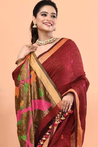 Maroon handmade office wear linen jamdani saree with running blouse
