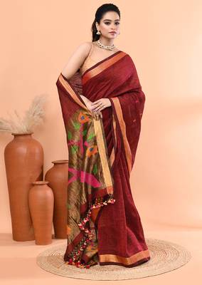 Maroon handmade office wear linen jamdani saree with running blouse 4