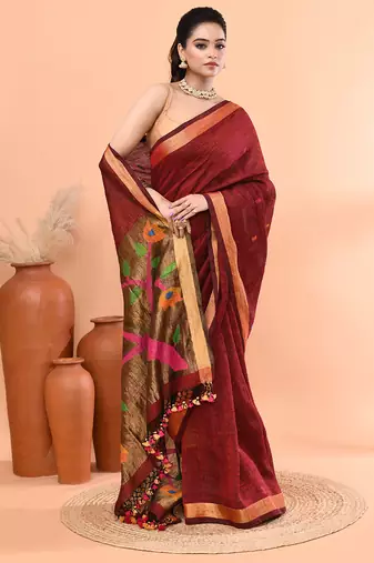 Maroon handmade office wear linen jamdani saree with running blouse