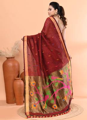 Maroon handmade office wear linen jamdani saree with running blouse 5