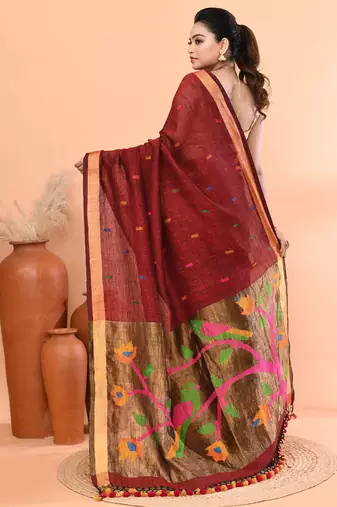 Maroon handmade office wear linen jamdani saree with running blouse