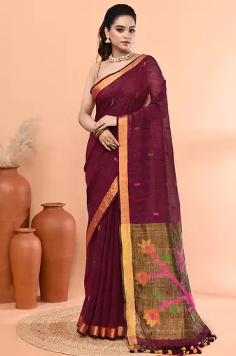 Magenta handmade office wear linen jamdani saree with running blouse