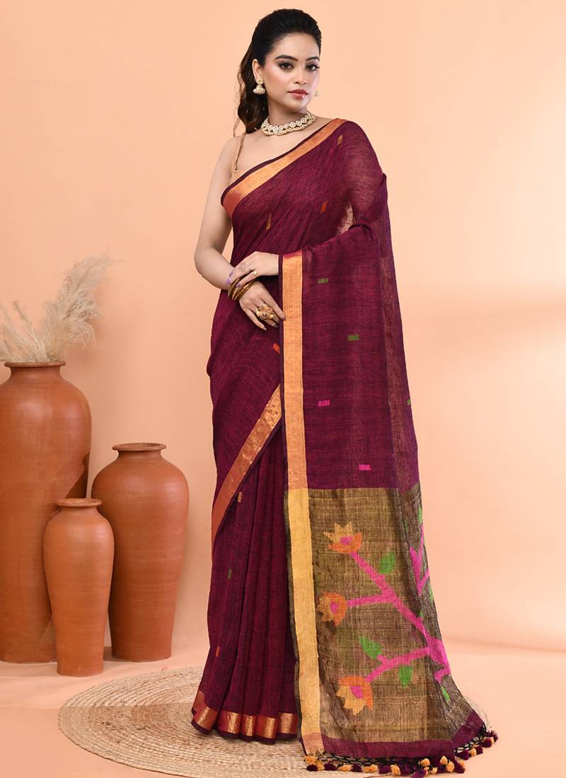 Magenta handmade office wear linen jamdani saree with running blouse