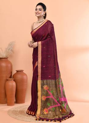 Magenta handmade office wear linen jamdani saree with running blouse 2