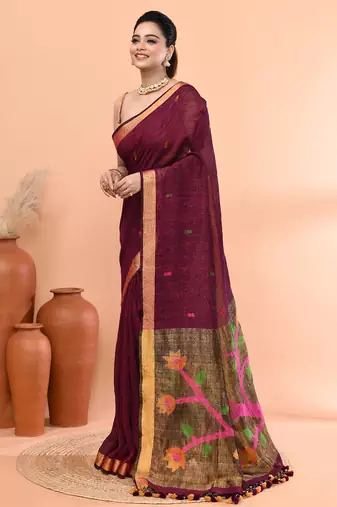 Magenta handmade office wear linen jamdani saree with running blouse