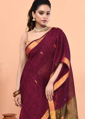Magenta handmade office wear linen jamdani saree with running blouse 3