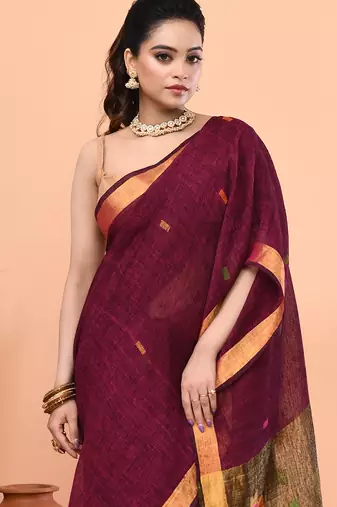 Magenta handmade office wear linen jamdani saree with running blouse